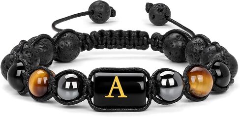 Vinswet Initial Beaded Bracelets for Men,8mm Tiger Eye Obsidian Hematite Triple Protection Bracelet,Handmade Mens Letter Lava Rock Stone Bracelet Yoga Beads Bracelets Adjustable Bracelets for Men Women Jewelry Gifts in Saudi Arabia