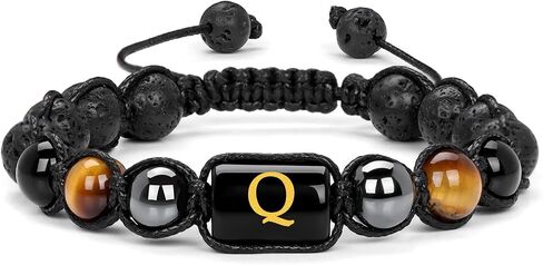 Vinswet Initial Beaded Bracelets for Men,8mm Tiger Eye Obsidian Hematite Triple Protection Bracelet,Handmade Mens Letter Lava Rock Stone Bracelet Yoga Beads Bracelets Adjustable Bracelets for Men Women Jewelry Gifts in Saudi Arabia