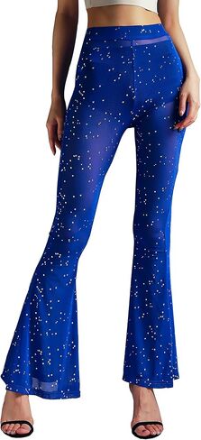 Anlaey Women's Rave Mesh Sheer Sparkly Pants Sequin Flared Bell Bottom Pants Sexy Rave Outfits for Festival Dance Clubwear in Saudi Arabia