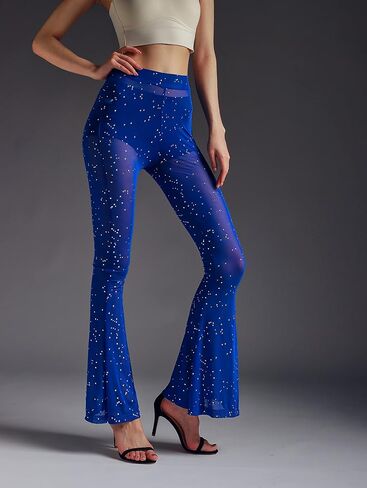 Anlaey Women's Rave Mesh Sheer Sparkly Pants Sequin Flared Bell Bottom Pants Sexy Rave Outfits for Festival Dance Clubwear in Saudi Arabia