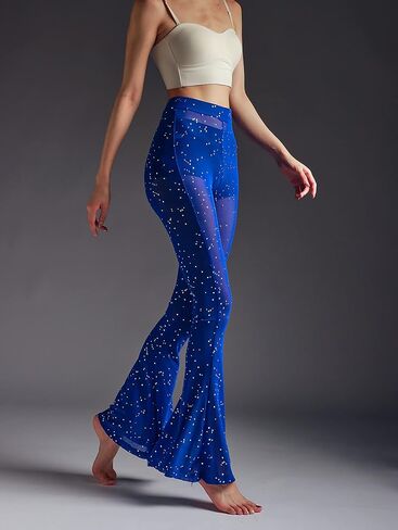 Anlaey Women's Rave Mesh Sheer Sparkly Pants Sequin Flared Bell Bottom Pants Sexy Rave Outfits for Festival Dance Clubwear in Saudi Arabia