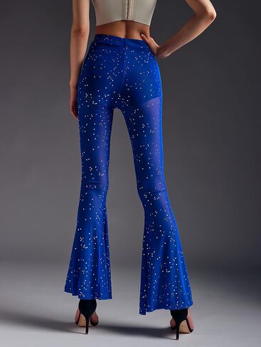 Anlaey Women's Rave Mesh Sheer Sparkly Pants Sequin Flared Bell Bottom Pants Sexy Rave Outfits for Festival Dance Clubwear in Saudi Arabia