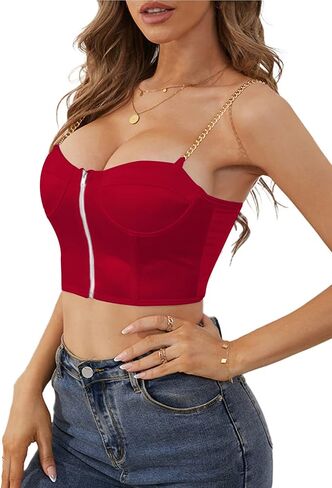 Vrtige Women's Sexy Satin Chain Strapy Crop Cami Top Sleeveless Zipper Front Party Bustier Corset in Saudi Arabia