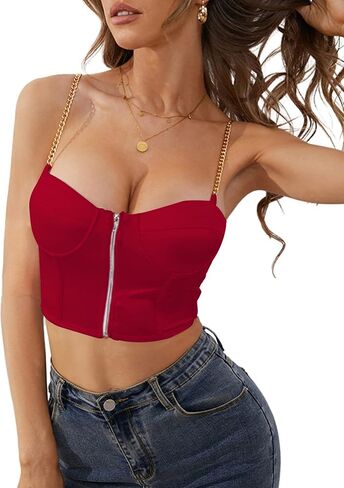 Vrtige Women's Sexy Satin Chain Strapy Crop Cami Top Sleeveless Zipper Front Party Bustier Corset in Saudi Arabia