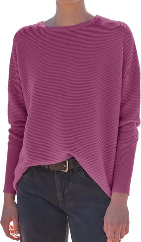 ANRABESS Women’s 2023 Fall Long Batwing Sleeve Drop Shoulder Crewneck Casual Ribbed Knit Sweaters Pullover with Split in Saudi Arabia