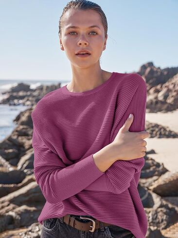 ANRABESS Women’s 2023 Fall Long Batwing Sleeve Drop Shoulder Crewneck Casual Ribbed Knit Sweaters Pullover with Split in Saudi Arabia