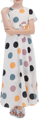 فستان PUSEGA للفتيات منقط كاجوال طويل ماكسي مزهّر مع حزام مع حزام للأطفال الصغار من سن 6 إلى 13 سنة in Kuwait