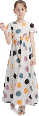 فستان PUSEGA للفتيات منقط كاجوال طويل ماكسي مزهّر مع حزام مع حزام للأطفال الصغار من سن 6 إلى 13 سنة in Kuwait