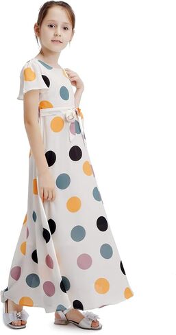 فستان PUSEGA للفتيات منقط كاجوال طويل ماكسي مزهّر مع حزام مع حزام للأطفال الصغار من سن 6 إلى 13 سنة in Kuwait