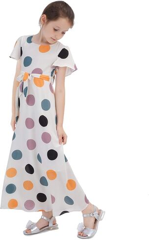 فستان PUSEGA للفتيات منقط كاجوال طويل ماكسي مزهّر مع حزام مع حزام للأطفال الصغار من سن 6 إلى 13 سنة in Kuwait