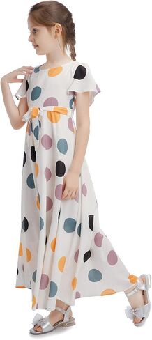 فستان PUSEGA للفتيات منقط كاجوال طويل ماكسي مزهّر مع حزام مع حزام للأطفال الصغار من سن 6 إلى 13 سنة in Kuwait