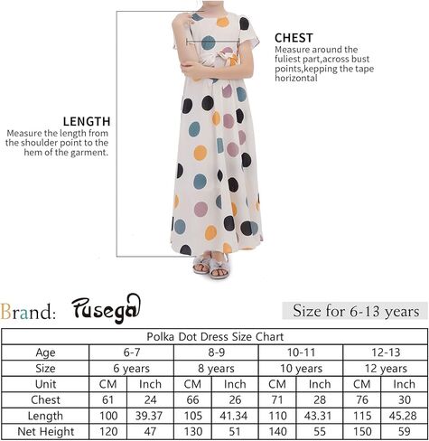 فستان PUSEGA للفتيات منقط كاجوال طويل ماكسي مزهّر مع حزام مع حزام للأطفال الصغار من سن 6 إلى 13 سنة in Kuwait