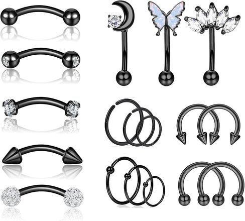 YACHY 18Pcs 16G Eyebrow Piercing Jewelry for Women Men, Eyebrow Rings Rook Earrings Rook Piercing Jewelry Belly Lip Ring Curved Barbells Eyebrow Piercing Cartilage Daith Helix Tragus Body Piercings in Kuwait