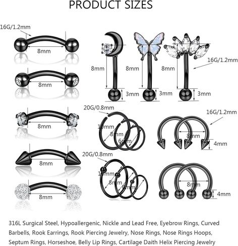 YACHY 18Pcs 16G Eyebrow Piercing Jewelry for Women Men, Eyebrow Rings Rook Earrings Rook Piercing Jewelry Belly Lip Ring Curved Barbells Eyebrow Piercing Cartilage Daith Helix Tragus Body Piercings in Kuwait