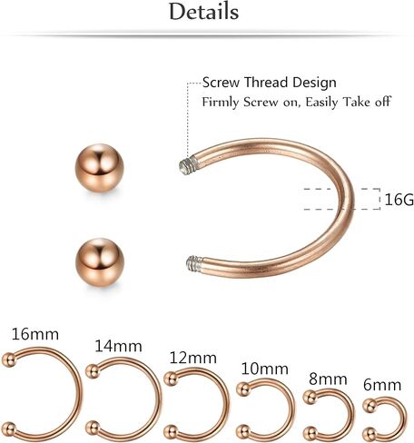 ORAZIO 12Pcs 14-16G Stainless Steel Nose Rings Septum Piercing Cartilage Horseshoe Earring Body Piercing 6MM-16MM in Kuwait