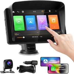 TURN RAISE Portable Apple CarPlay,7" Touch Screen Double Din Stereo Wireless Carplay Car Stereo and Android Auto with Siri/Bluetooth/Maps Navigation/Voice Control/Backup Camera/AUX/FM for All Vehicles in Kuwait