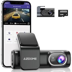 AZDOME M301 2K Dash Cam أمامية وخلفية، واي فاي مدمج، كاميرات مزدوجة للسيارات، كاميرا سيارة للتحكم الصوتي مع UHD 1440P، رؤية ليلية، مستشعر G، شاشة وقوف السيارات، بطاقة SD سعة 64 جيجابايت متضمنة in Kuwait