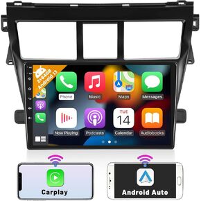 Hikity 6+128GB 8 Core for 2007-2012 Toyota Vios Yaris Android Radio with Wireless Carplay, 9'' Touch Screen Car Stereo with Android Auto/32EQ DSP/Bluetooth 5.0/GPS/WiFi/SWC, Backup Camera, Mic