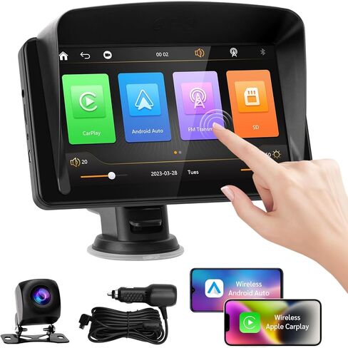 TURN RAISE Portable Apple CarPlay,7" Touch Screen Double Din Stereo Wireless Carplay Car Stereo and Android Auto with Siri/Bluetooth/Maps Navigation/Voice Control/Backup Camera/AUX/FM for All Vehicles in Kuwait