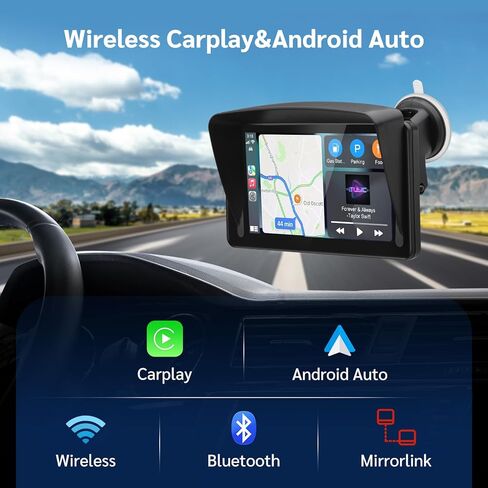 TURN RAISE Portable Apple CarPlay,7" Touch Screen Double Din Stereo Wireless Carplay Car Stereo and Android Auto with Siri/Bluetooth/Maps Navigation/Voice Control/Backup Camera/AUX/FM for All Vehicles in Kuwait