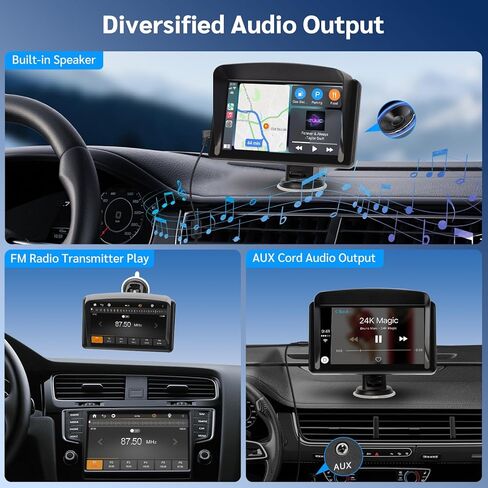 TURN RAISE Portable Apple CarPlay,7" Touch Screen Double Din Stereo Wireless Carplay Car Stereo and Android Auto with Siri/Bluetooth/Maps Navigation/Voice Control/Backup Camera/AUX/FM for All Vehicles in Kuwait