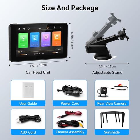 TURN RAISE Portable Apple CarPlay,7" Touch Screen Double Din Stereo Wireless Carplay Car Stereo and Android Auto with Siri/Bluetooth/Maps Navigation/Voice Control/Backup Camera/AUX/FM for All Vehicles in Kuwait