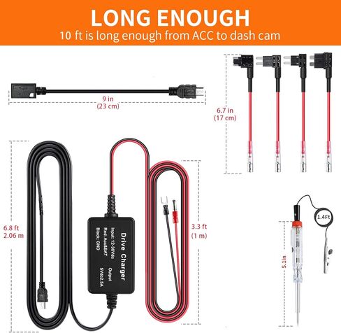 مجموعة أسلاك صلبة لكاميرا داش العالمية، سلك USB صغير ميكرو USB من النوع c 12 فولت - 24 فولت إلى 5 فولت للكشف عن الرادار، هدية 4 كابل صنبور فيوز، قلم اختبار وأداة تركيب شاحن كاميرا السيارة وسلك الطاقة in Kuwait