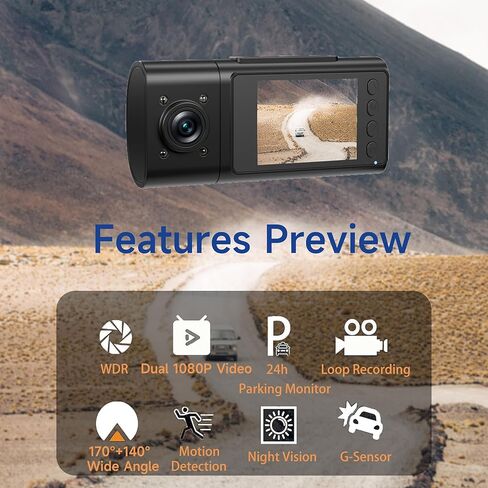 DUOYOUNG Dash Cam أمامية وخلفية، 1080P Full HD Dual Dash Camera للسيارات، بطاقة SD 32 جيجابايت مجانية، شاشة IPS 2.0 بوصة، رؤية ليلية، زاوية واسعة 170 درجة، WDR، وضع انتظار السيارات 24 ساعة G-Sensor in Kuwait