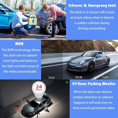 DUOYOUNG Dash Cam أمامية وخلفية، 1080P Full HD Dual Dash Camera للسيارات، بطاقة SD 32 جيجابايت مجانية، شاشة IPS 2.0 بوصة، رؤية ليلية، زاوية واسعة 170 درجة، WDR، وضع انتظار السيارات 24 ساعة G-Sensor in Kuwait