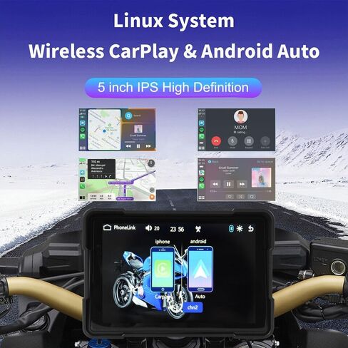 شاشة Carplay محمولة للدراجات النارية، CarPlay لاسلكي ونظام تحديد المواقع Android Auto للدراجات النارية، شاشة لمس IPS مقاس 5 بوصات، مقاومة للماء IPX7، بلوتوث مزدوج، دعم Siri وGoogle Assistant in Kuwait