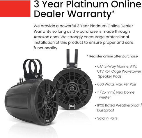 BOSS Audio Systems MPWT60 Marine ATV UTV Roll Cage Waketower Speaker Pods - 600 Watts of Power Per Pair, 6.5 Inch, Full Range, 2 Way, IPX6 Weatherproof, Sold in Pairs in Saudi Arabia