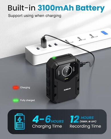 بوبلوف كاميرا B4K1 128GB 4K مثبتة على الجسم مع نظام تحديد المواقع، بطارية 3100mAh لمدة 10-12 ساعة، منبه احمر وازرق، مع حامل شفط للسيارة وشاحن سيارة in Saudi Arabia