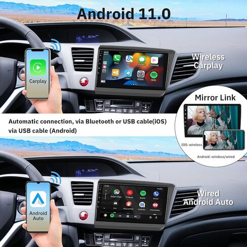 for Honda Civic 2012-2015 Android Car Stereo with Wireless Carplay Android Auto, 9 Inch Touch Screen Bluetooth Car Radio Support GPS Navigation WiFi HiFi Audio FM SWC USB + HD Backup Camera in Saudi Arabia