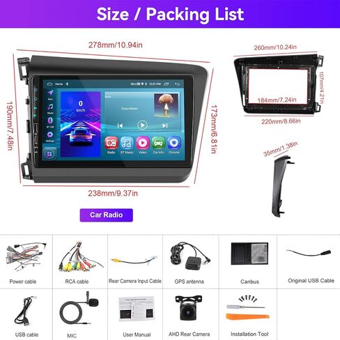 for Honda Civic 2012-2015 Android Car Stereo with Wireless Carplay Android Auto, 9 Inch Touch Screen Bluetooth Car Radio Support GPS Navigation WiFi HiFi Audio FM SWC USB + HD Backup Camera in Saudi Arabia