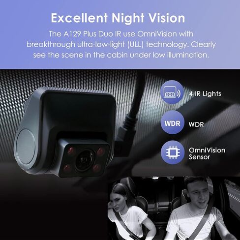 فايوفو كاميرا تابلوه مزدوجة 2K، كاميرا امامية 1440P و1080P داخل المقصورة للسيارة مع واي فاي ونظام تحديد المواقع ورؤية ليلية بالاشعة تحت الحمراء، وضع وقوف السيارات، مكثف فائق، تدعم 256GB كحد اقصى (A129 in Kuwait