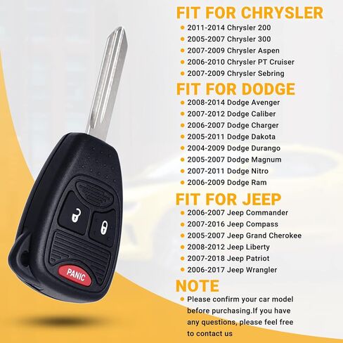Car Key Fob Keyless Entry Remote Compatible with Chrysler 200/300/ Aspen/Dodge Charger/Ram/Durango/Wrangler/Commander etc. 3 Buttons OHT692427AA Key Remote Clicker- Pack of 2 in Kuwait