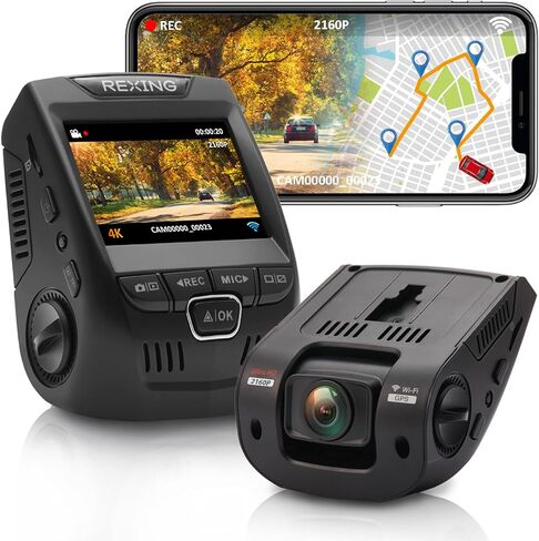 كاميرا قياس RexingUSA V1GW-4K UltraHD: مسجل GPS، واي فاي، عدسة عريضة 170 درجة، شاشة LCD 2.4 بوصة، WDR، تسجيل حلقي، دعم 256 جيجابايت، تمكين التطبيق، تقنية Supercapacitor in Kuwait