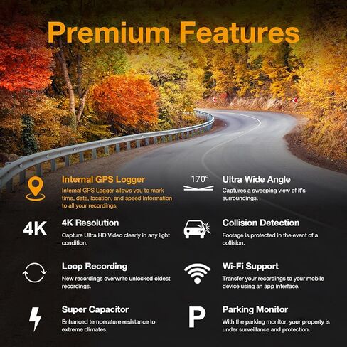 كاميرا قياس RexingUSA V1GW-4K UltraHD: مسجل GPS، واي فاي، عدسة عريضة 170 درجة، شاشة LCD 2.4 بوصة، WDR، تسجيل حلقي، دعم 256 جيجابايت، تمكين التطبيق، تقنية Supercapacitor in Kuwait