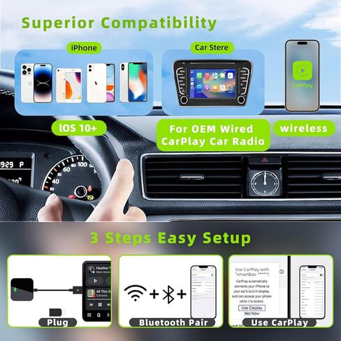 Voraiya Wireless CarPlay Adapter for iPhone, Newest Apple Carplay Wireless Adapter Convert Wired to Wireless CarPlay Dongle, Plug & Play, Fast Easy Use, 5Ghz WiFi Auto Connect for Cars from 2015+ in Kuwait