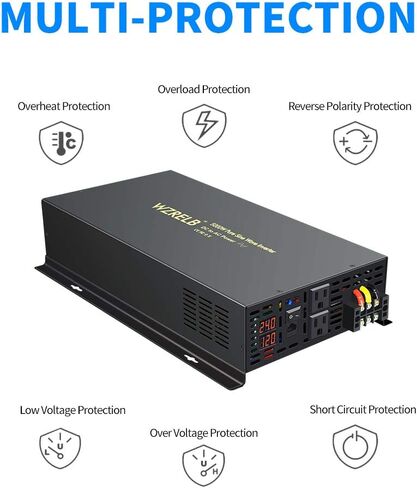 WZRELB 5000W 24VDC 120VAC عاكس طاقة موجة جيبية نقية، 2 منافذ تيار متردد، جهاز تحكم عن بعد سلكي، RV (RBP-500024WR) in Kuwait