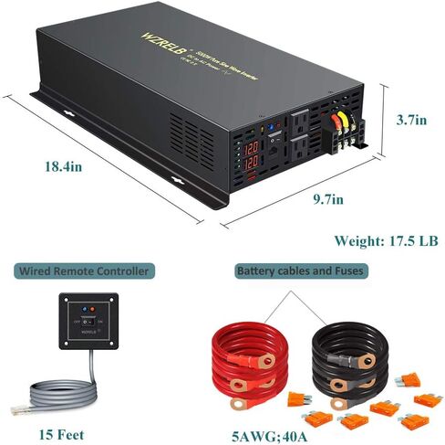 WZRELB 5000W 24VDC 120VAC عاكس طاقة موجة جيبية نقية، 2 منافذ تيار متردد، جهاز تحكم عن بعد سلكي، RV (RBP-500024WR) in Kuwait