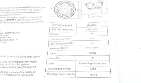 اميريكان باس مضخم صوت للسيارة Xr12D4 2400 وات 12 انش مزدوج 4 اوم - 12 فرعي in Kuwait