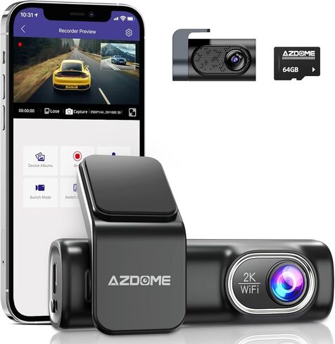 AZDOME M301 2K Dash Cam أمامية وخلفية، واي فاي مدمج، كاميرات مزدوجة للسيارات، كاميرا سيارة للتحكم الصوتي مع UHD 1440P، رؤية ليلية، مستشعر G، شاشة وقوف السيارات، بطاقة SD سعة 64 جيجابايت متضمنة in Kuwait