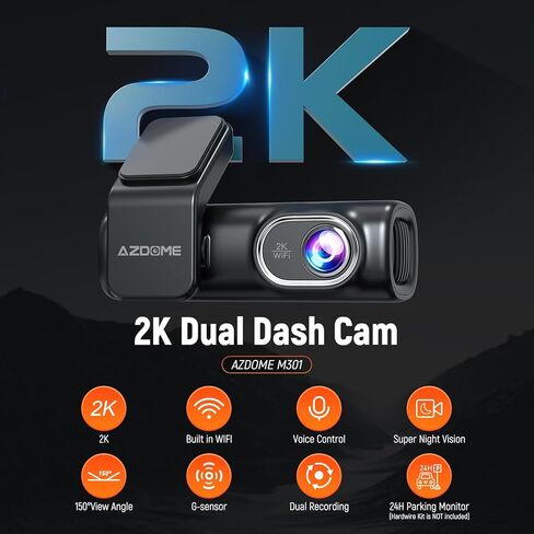 AZDOME M301 2K Dash Cam أمامية وخلفية، واي فاي مدمج، كاميرات مزدوجة للسيارات، كاميرا سيارة للتحكم الصوتي مع UHD 1440P، رؤية ليلية، مستشعر G، شاشة وقوف السيارات، بطاقة SD سعة 64 جيجابايت متضمنة in Kuwait