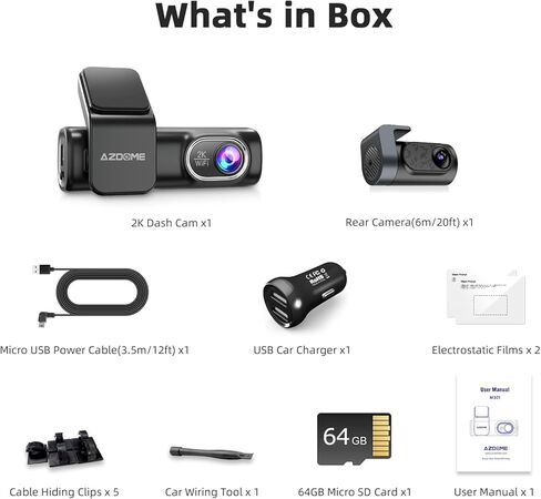 AZDOME M301 2K Dash Cam أمامية وخلفية، واي فاي مدمج، كاميرات مزدوجة للسيارات، كاميرا سيارة للتحكم الصوتي مع UHD 1440P، رؤية ليلية، مستشعر G، شاشة وقوف السيارات، بطاقة SD سعة 64 جيجابايت متضمنة in Kuwait