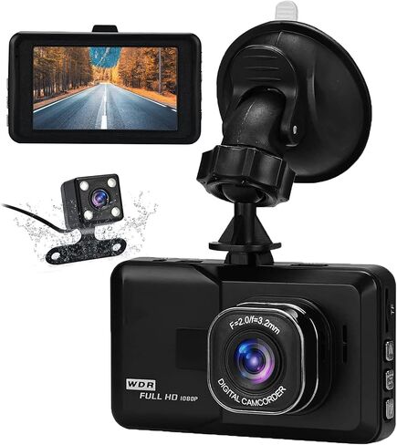Lychee Dual Dashcam سجل القيادة الأمامي والخلفي 1080P مع 3 بوصة LCD 120 درجة تسجيل حلقة للرؤية الليلية G-Sensor in Kuwait