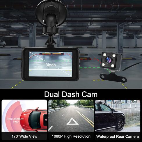 Lychee Dual Dashcam سجل القيادة الأمامي والخلفي 1080P مع 3 بوصة LCD 120 درجة تسجيل حلقة للرؤية الليلية G-Sensor in Kuwait