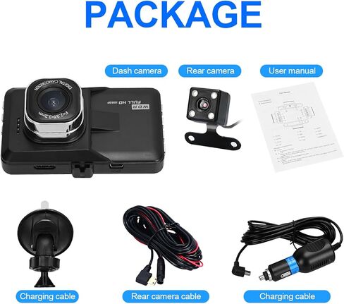 Lychee Dual Dashcam سجل القيادة الأمامي والخلفي 1080P مع 3 بوصة LCD 120 درجة تسجيل حلقة للرؤية الليلية G-Sensor in Kuwait