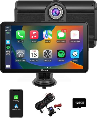Portable Car Stereo, OTTOCAST Wireless Apple CarPlay and Android Auto Dual Bluetooth Car Radio, 7" HD Touchable CarPlay Screen, GPS Navigator with HD Dash Cam Front and Rear 128G TF Card for All Cars in Saudi Arabia