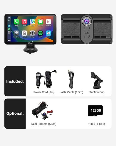 Portable Car Stereo, OTTOCAST Wireless Apple CarPlay and Android Auto Dual Bluetooth Car Radio, 7" HD Touchable CarPlay Screen, GPS Navigator with HD Dash Cam Front and Rear 128G TF Card for All Cars in Saudi Arabia